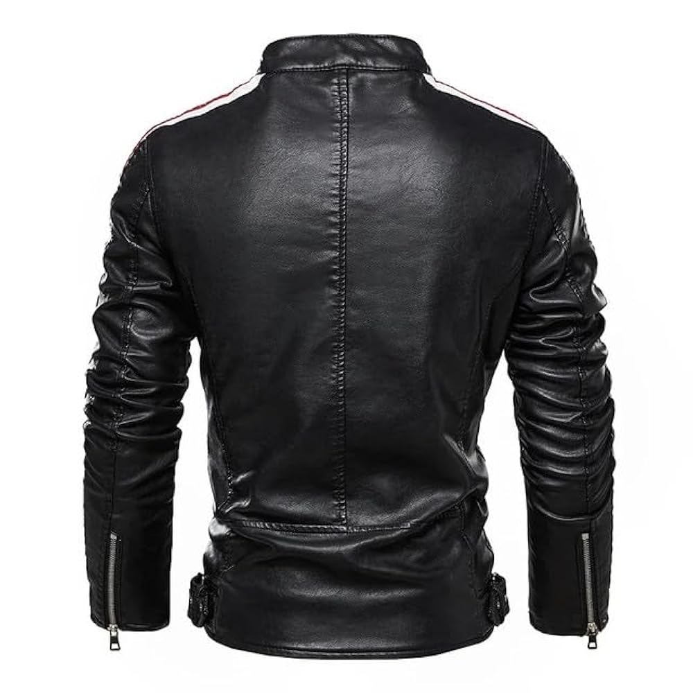Men's Black Red Patched Motorcycle Cafe Racer Jacket Genuine